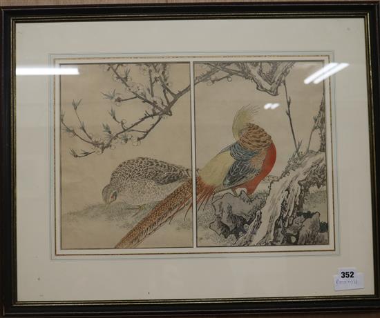 Japanese School, woodblock diptych, pheasants, 31 x 45cm